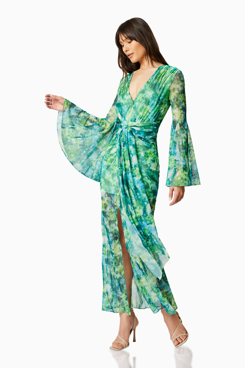 Brunette model wearing JONQUIL LONG SLEEVE MAXI DRESS IN GREEN front shot