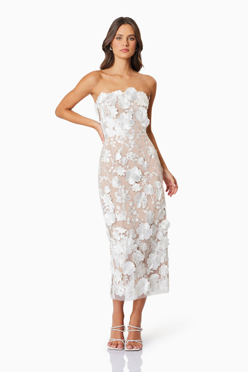 model wearing Helena floral midi dress in white front shot