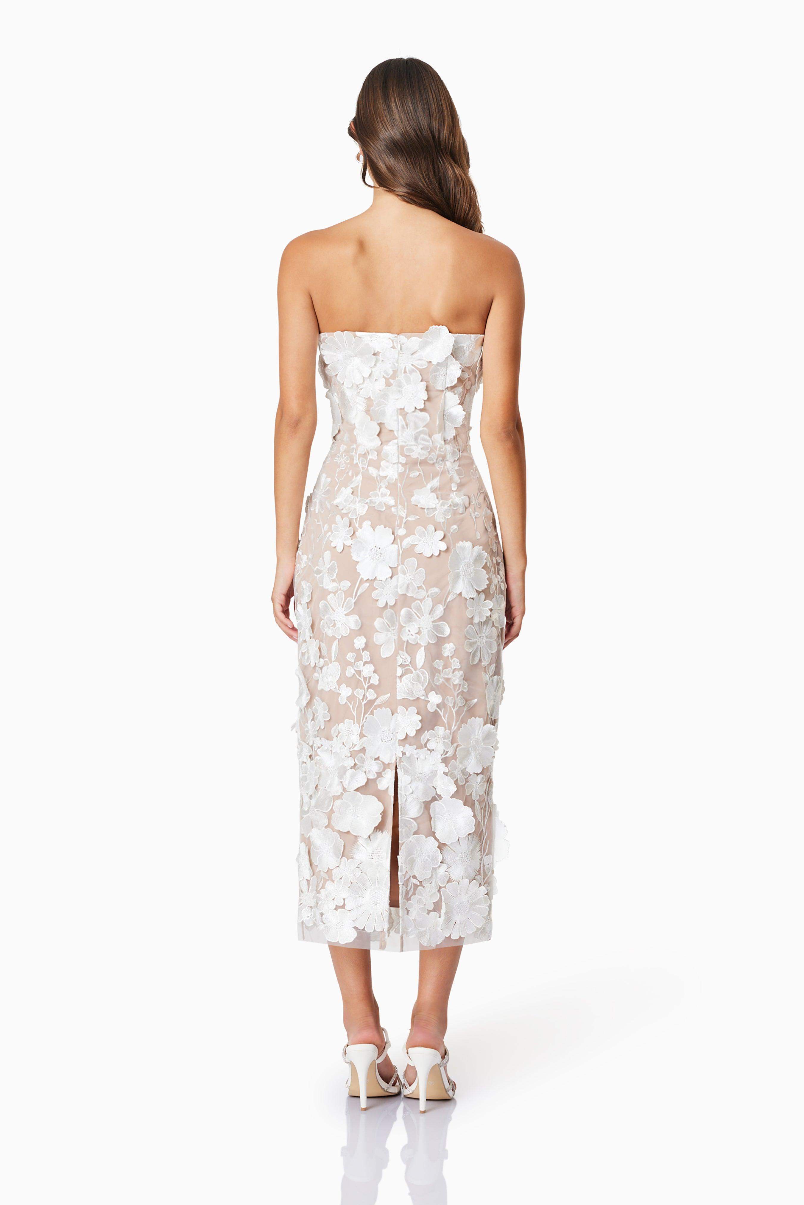 Helena Strapless Midi Dress In White | Floral Detailing – Elliatt
