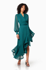 model wearing is GENEVIEVE V SHAPED MAXI DRESS IN GREEN front shot