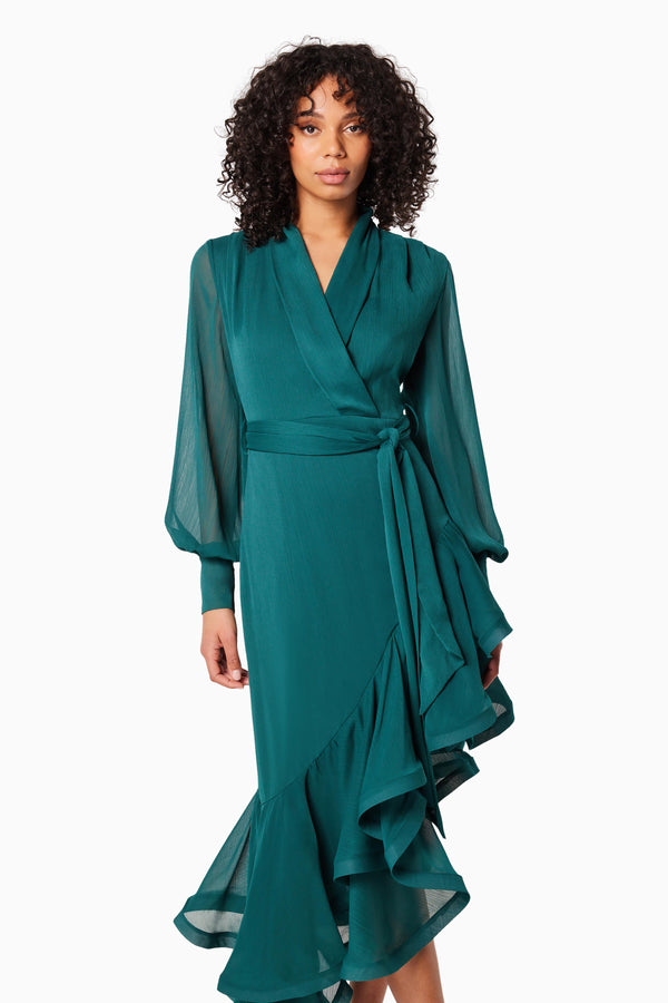 model wearing is GENEVIEVE V SHAPED MAXI DRESS IN GREEN front shot 
