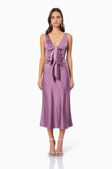 Brown hair model wearing Faith Front Tie Midi Dress In Purple front shot