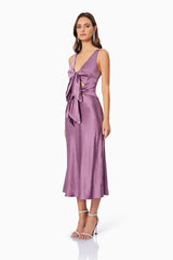 Brown hair model wearing Faith Front Tie Midi Dress In Purple side shot