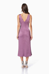 Brown hair model wearing Faith Front Tie Midi Dress In Purple back shot