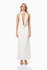 Blonde hair model wearing Faith Deep Neckline Maxi Dress In White front shot