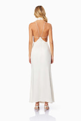 Blonde hair wearing Faith Deep Neckline Maxi Dress In White back shot