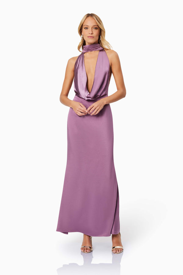 Blonde hair model wearing Faith Deep Neckline Maxi Dress In Purple front shot