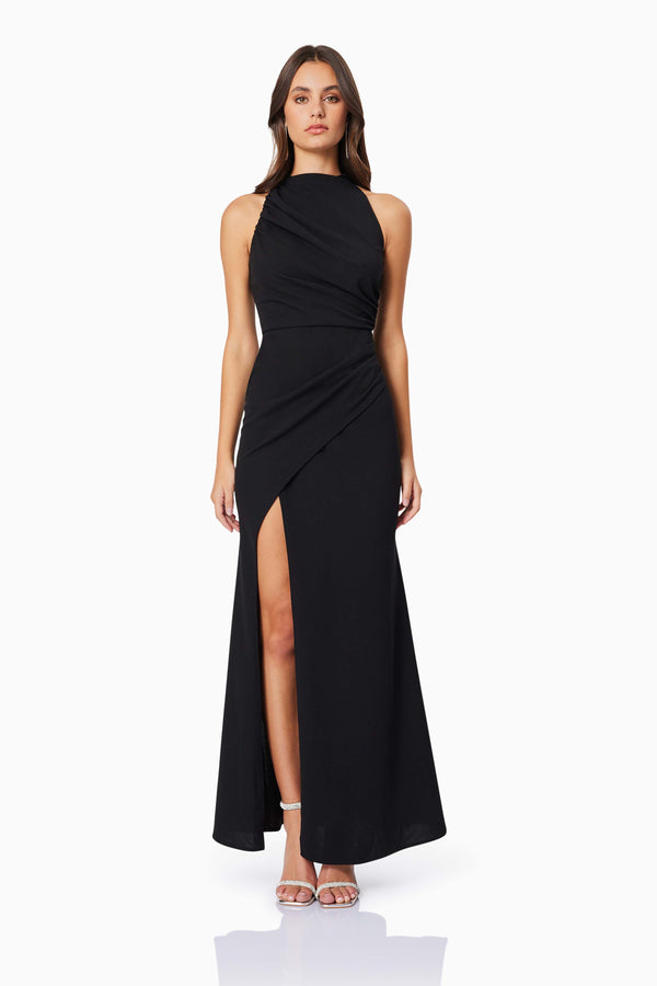 BROWN HAIR MODEL WEARING JADE HIGH NECKLINE FITTED MAXI DRESS IN BLACK FRONT SHOT