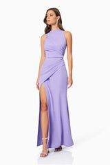 BROWN HAIR MODEL WEARING JADE HIGH NECKLINE FITTED MAXI DRESS IN LAVENDER FRONT SHOT