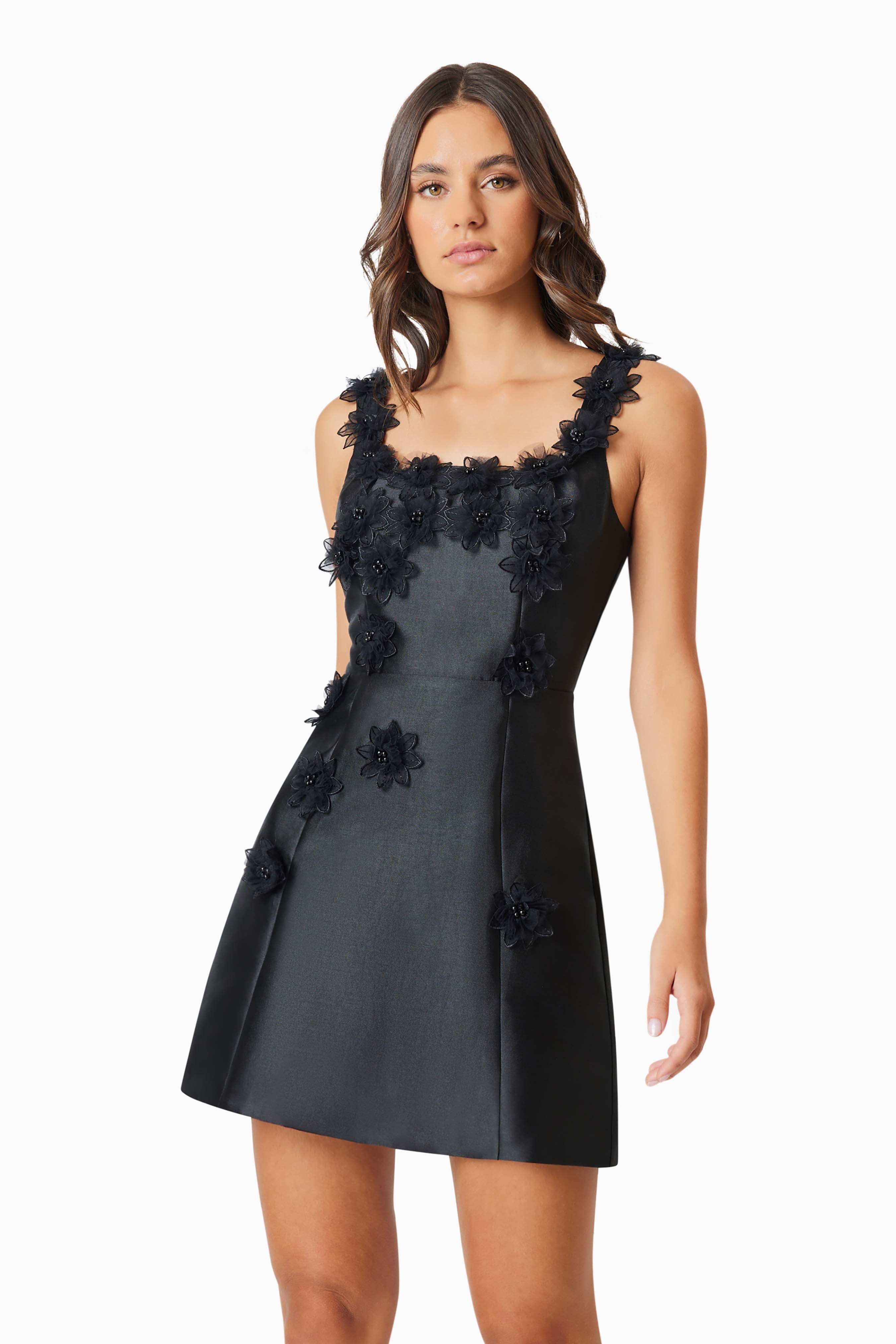 Elder Floral Decal Applique Mini Dress In Black Elliatt