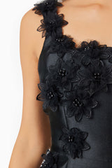 Elder Floral Decal Applique Mini Dress In Black - Pre Order