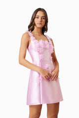 Elder Floral Decal Applique Mini Dress In Pink close up shot