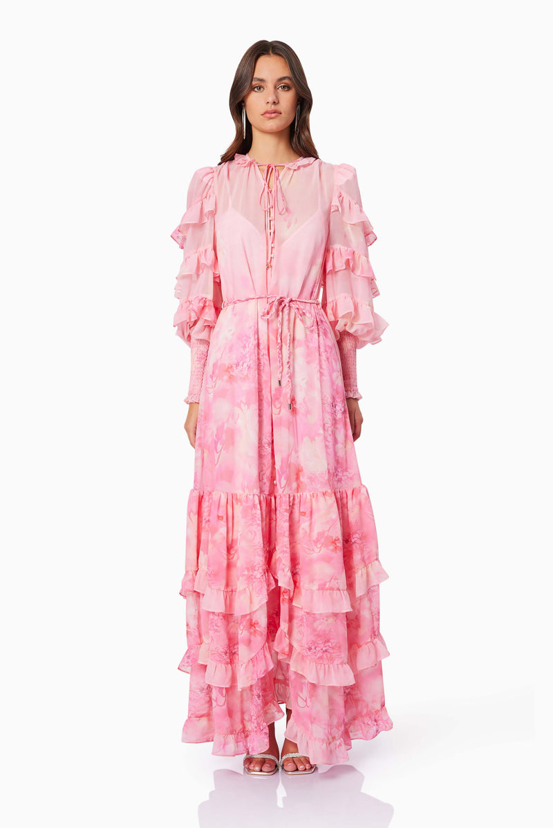 Brunette model wearing Ivy Maxi Dress in Pink front shot