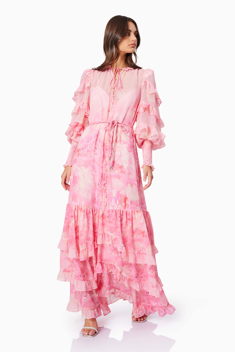 Brunette model wearing Ivy Maxi Dress in Pink front shot