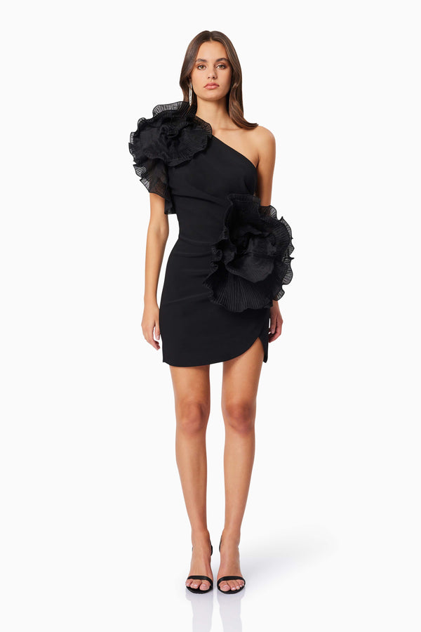Brunette model wearing Maya 3D Floral Cocktail Dress in Black front shot