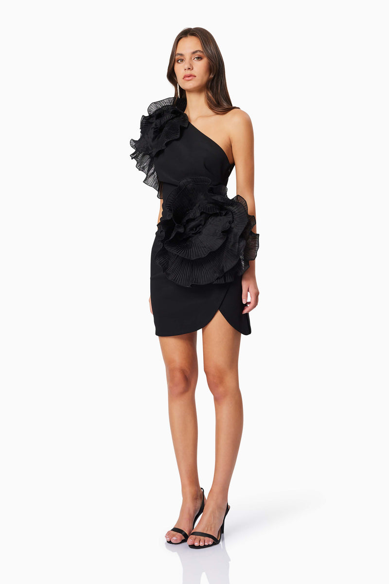 Brunette model wearing Maya 3D Floral Cocktail Dress in Black side shot