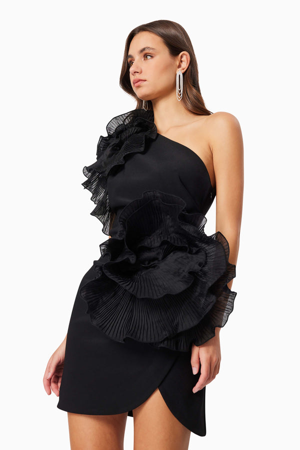 Brunette model wearing Maya 3D Floral Cocktail Dress in Black close up shot