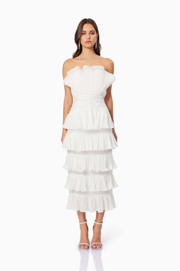 Brunette model wearing Maya Pleated Midi Dress in White front shot