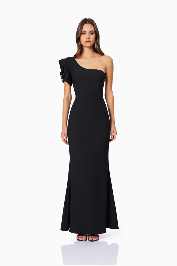 Brunette model wearing Charlotte Maxi Dress in Black front shot