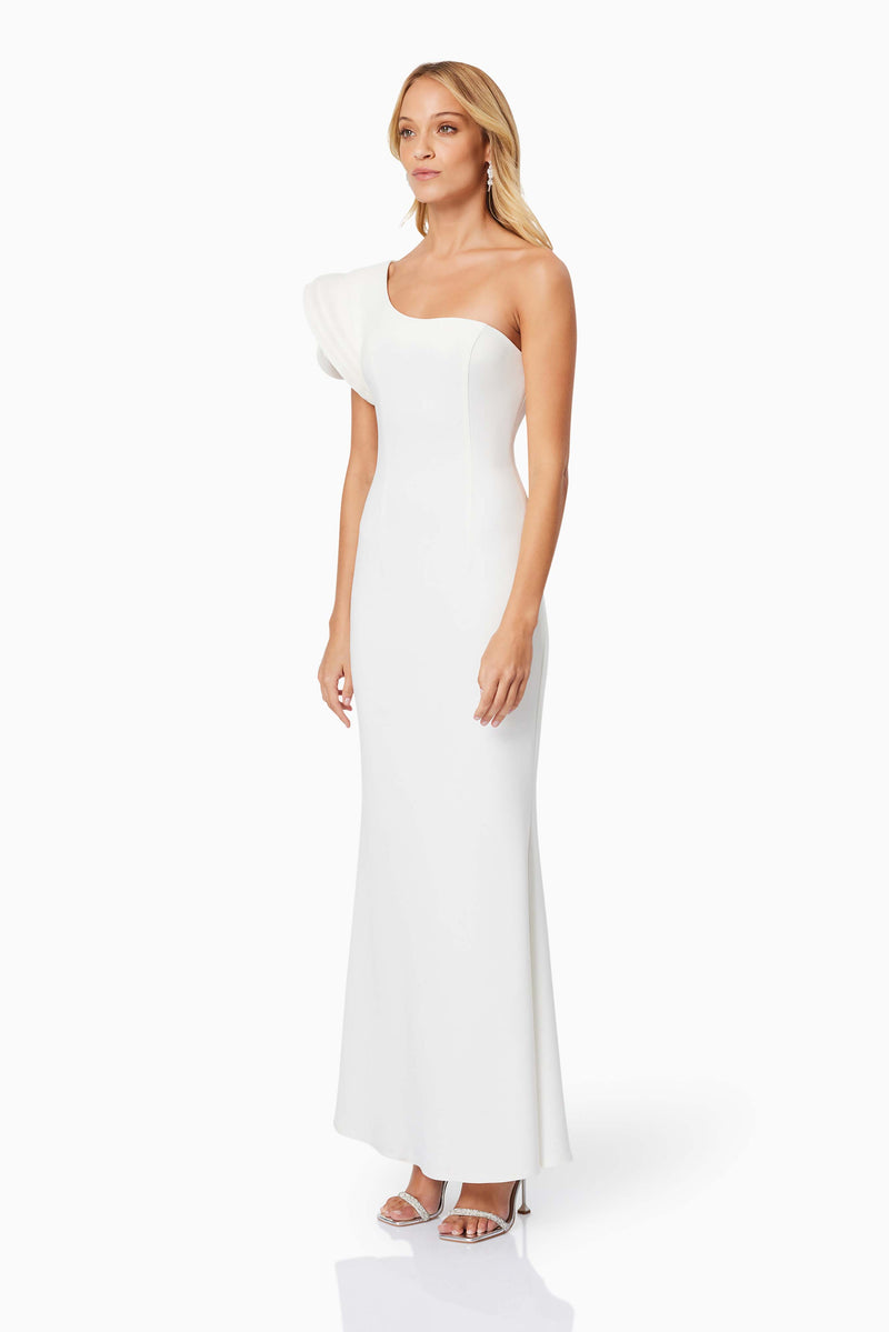 Blonde model wearing Charlotte Maxi Dress in White side shot