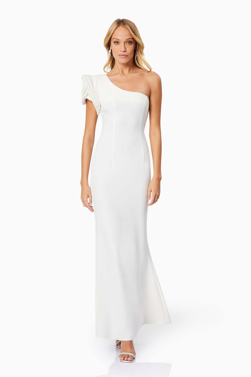 Blonde model wearing Charlotte Maxi Dress in White front shot