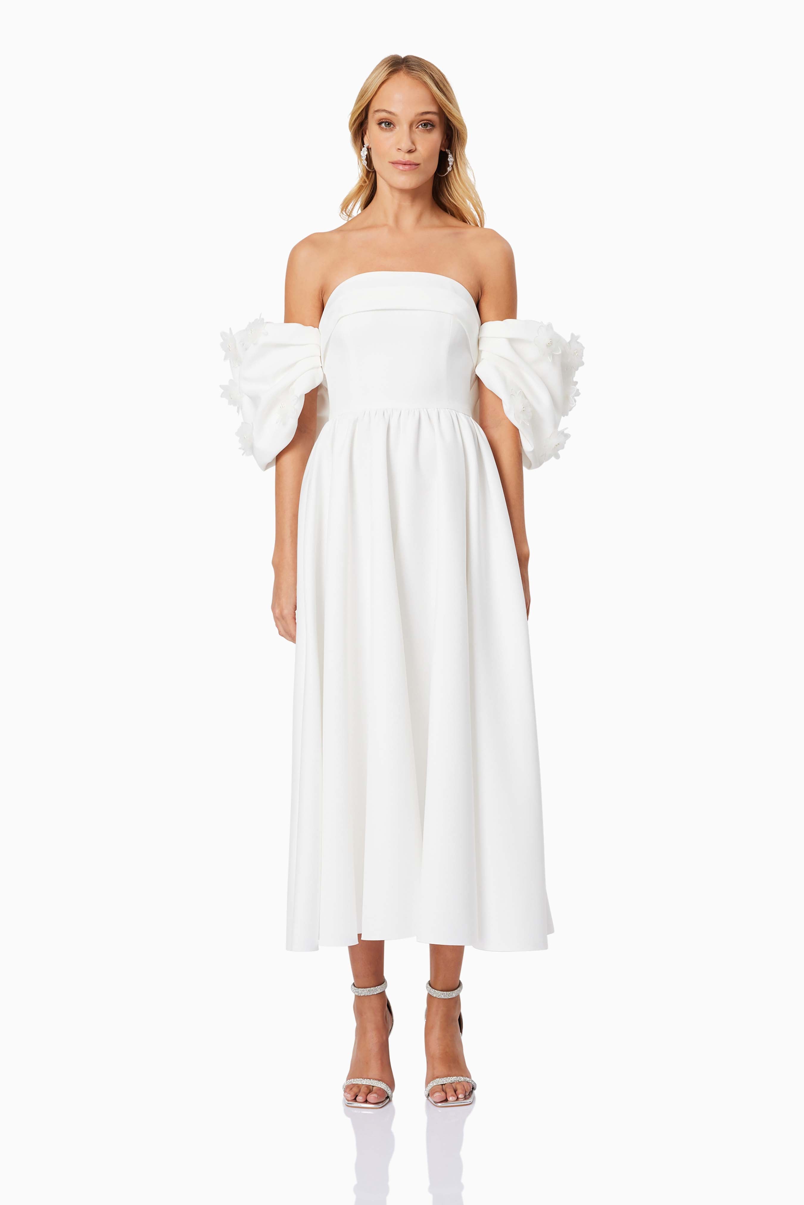 Destiny Off Shoulder Midi Dress in White – Elliatt