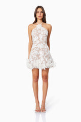 Brunette model wearing Valentina 3D Floral Mini Dress in White front shot