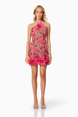 Blonde model wearing Valentina 3D Floral Mini Dress in Pink front shot