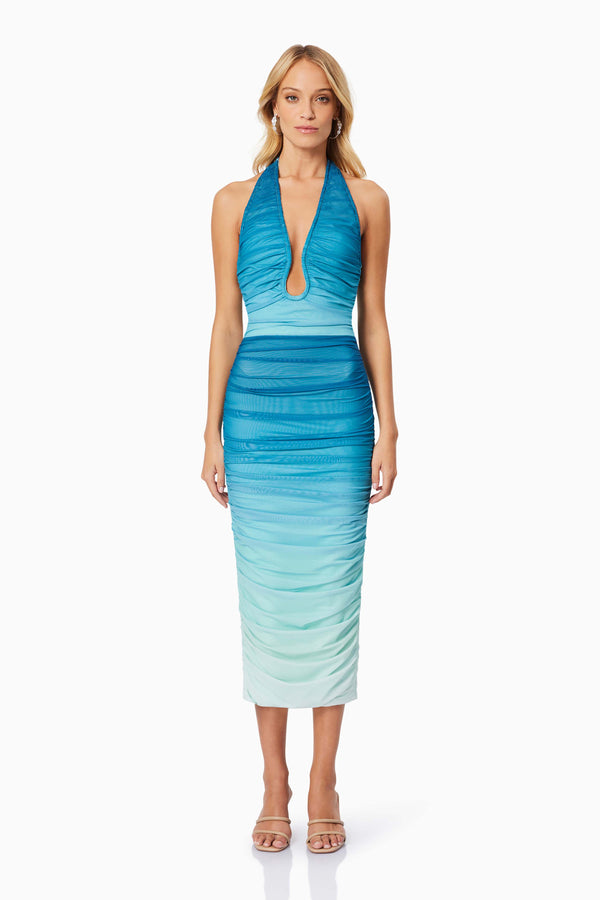 model wearing Brielle Halter Neck Midi Dress In Blue front shot