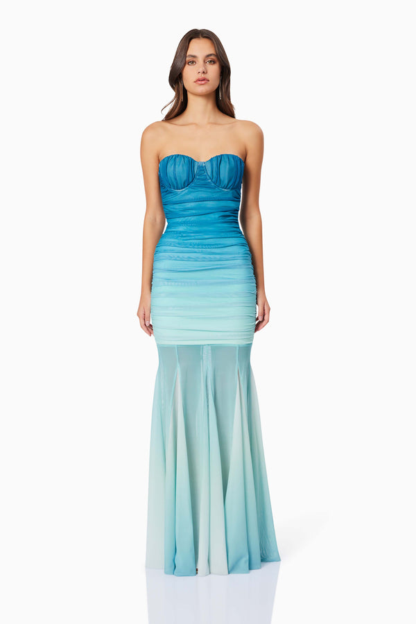 Model wearing Brielle Strapless Maxi Dress In Blue front shot