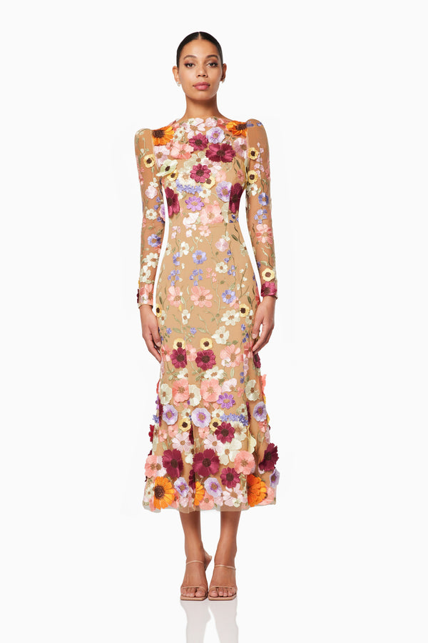 burnette women wearing floral Shannon 3D midi dress front shot