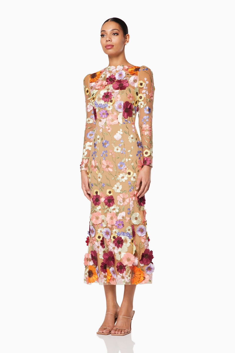 burnette women wearing floral Shannon 3D midi dress side shot