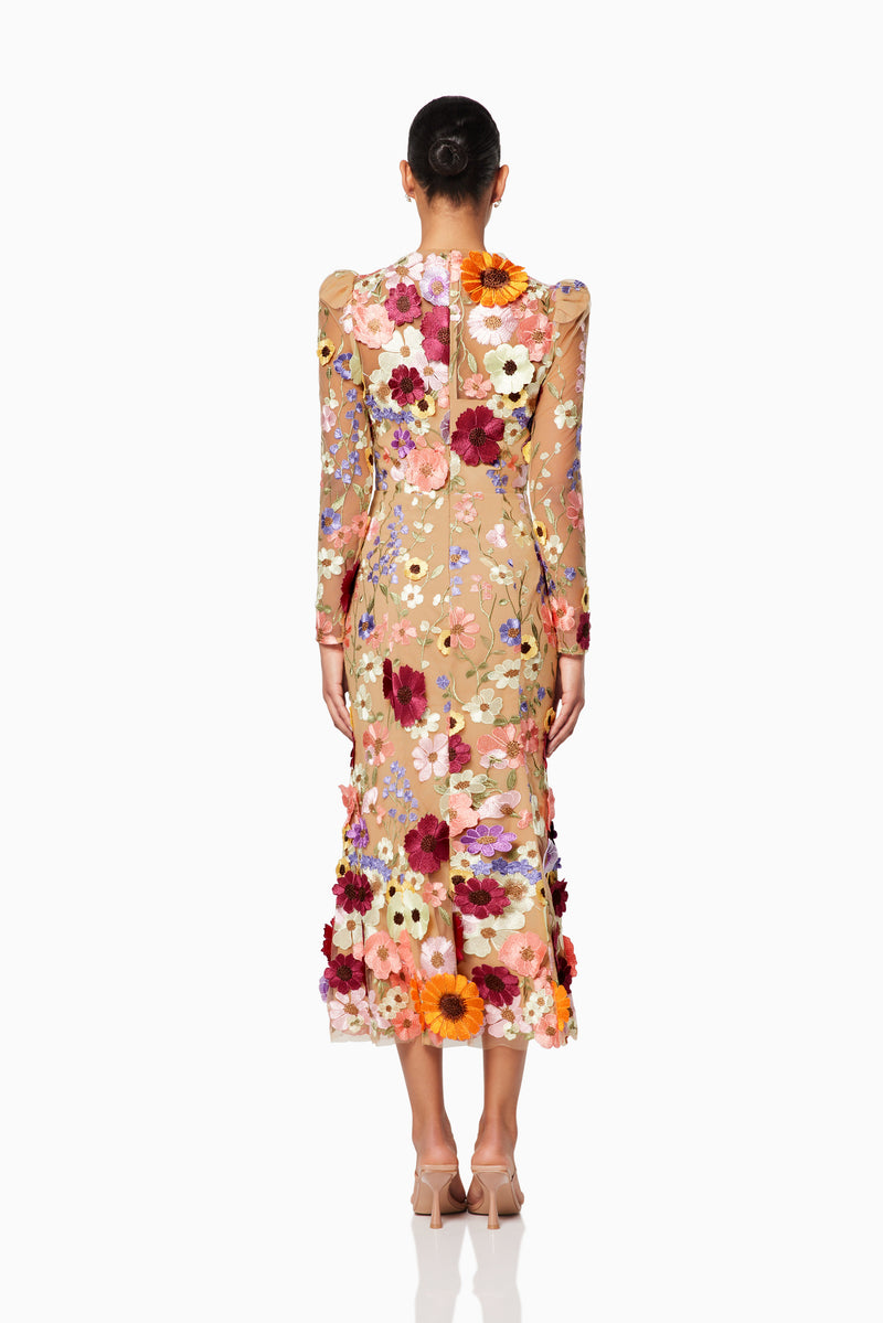 burnette women wearing floral Shannon 3D midi dress back shot