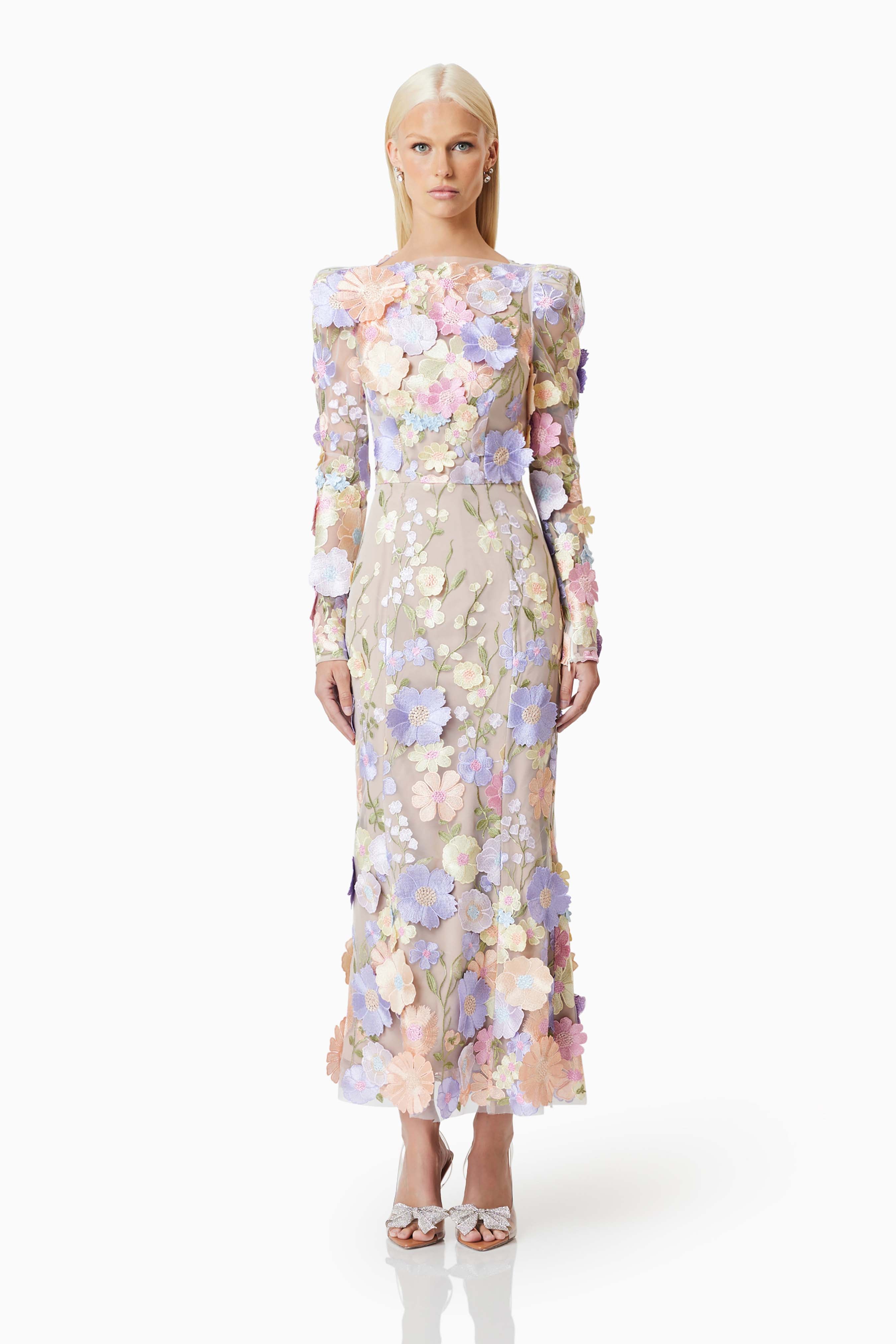 Shannon 3D Floral Midi Dress In Purple – Elliatt