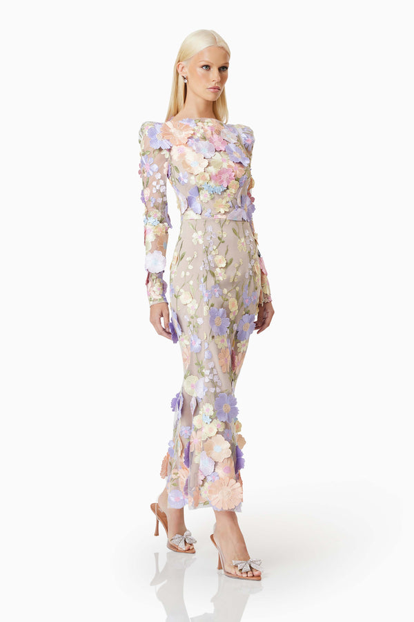 blonde model wearing Shannon 3D Floral Midi Dress In Pastel side shot