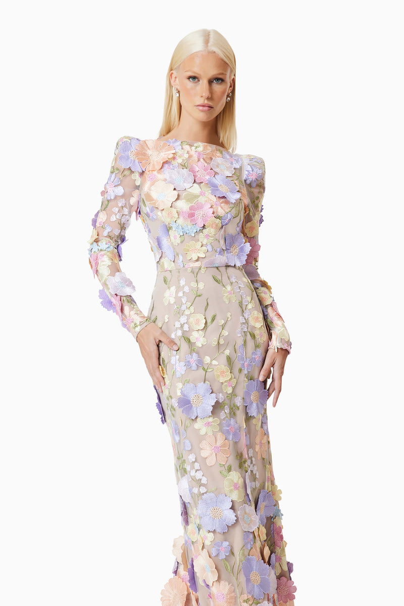 blonde model wearing Shannon 3D Floral Midi Dress In Pastel close up shot