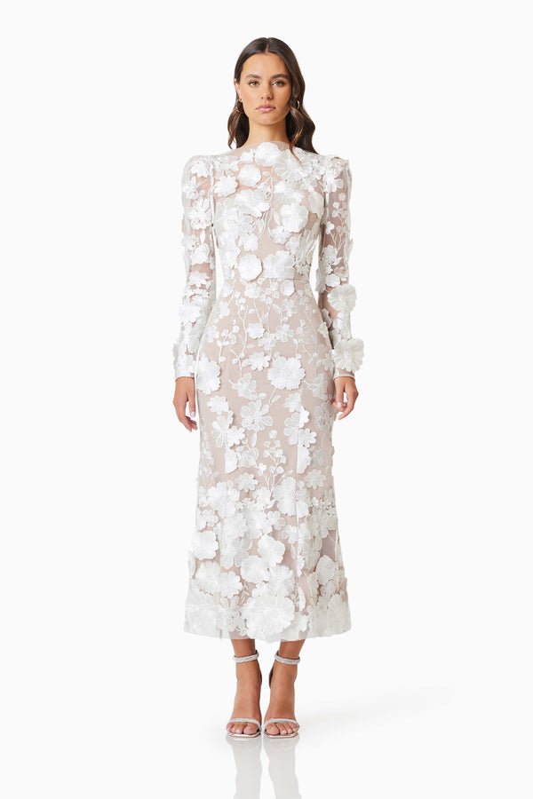 Shannon 3D Floral Midi Dress In White