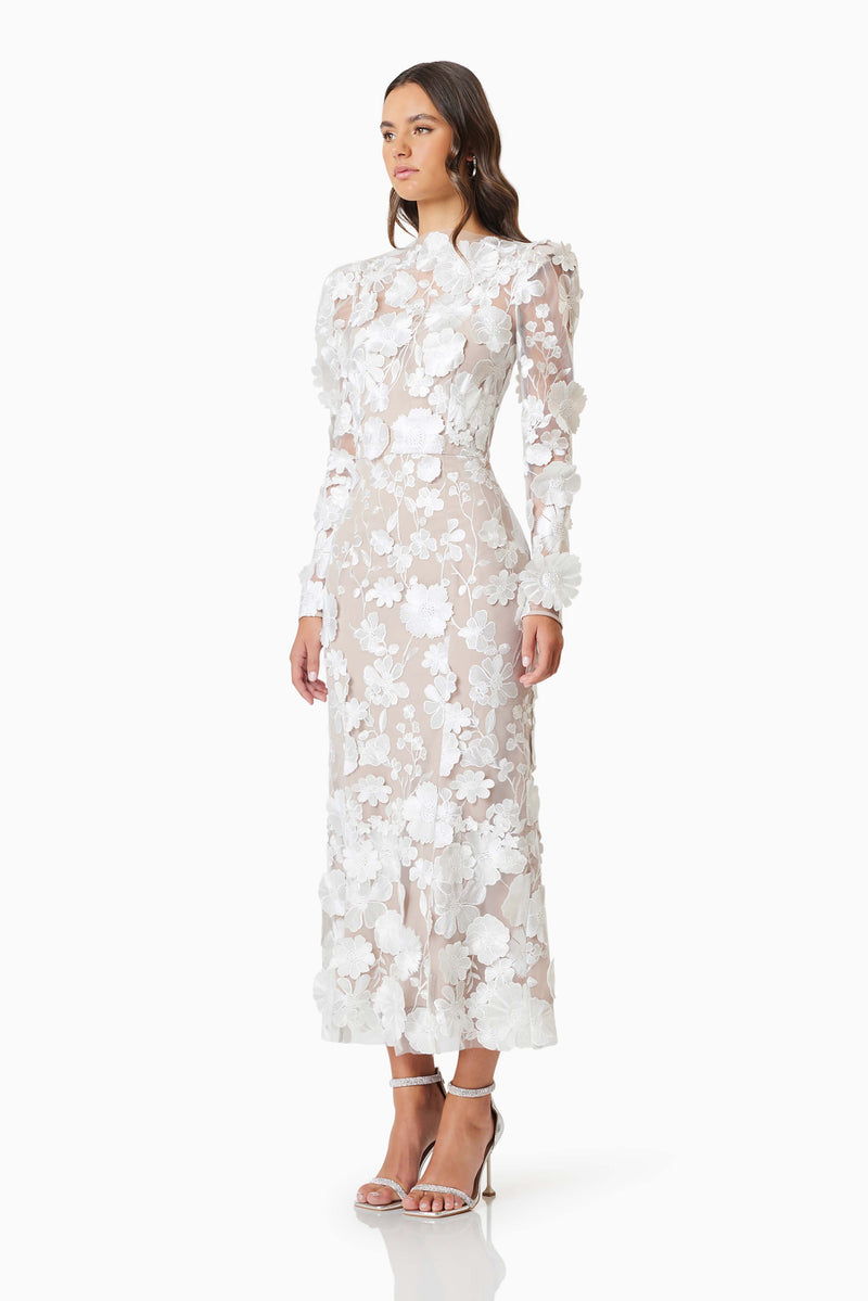 model wearing Shannon 3D Floral Midi Dress In White side shot