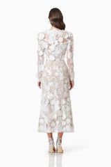 model wearing Shannon 3D Floral Midi Dress In White back shot