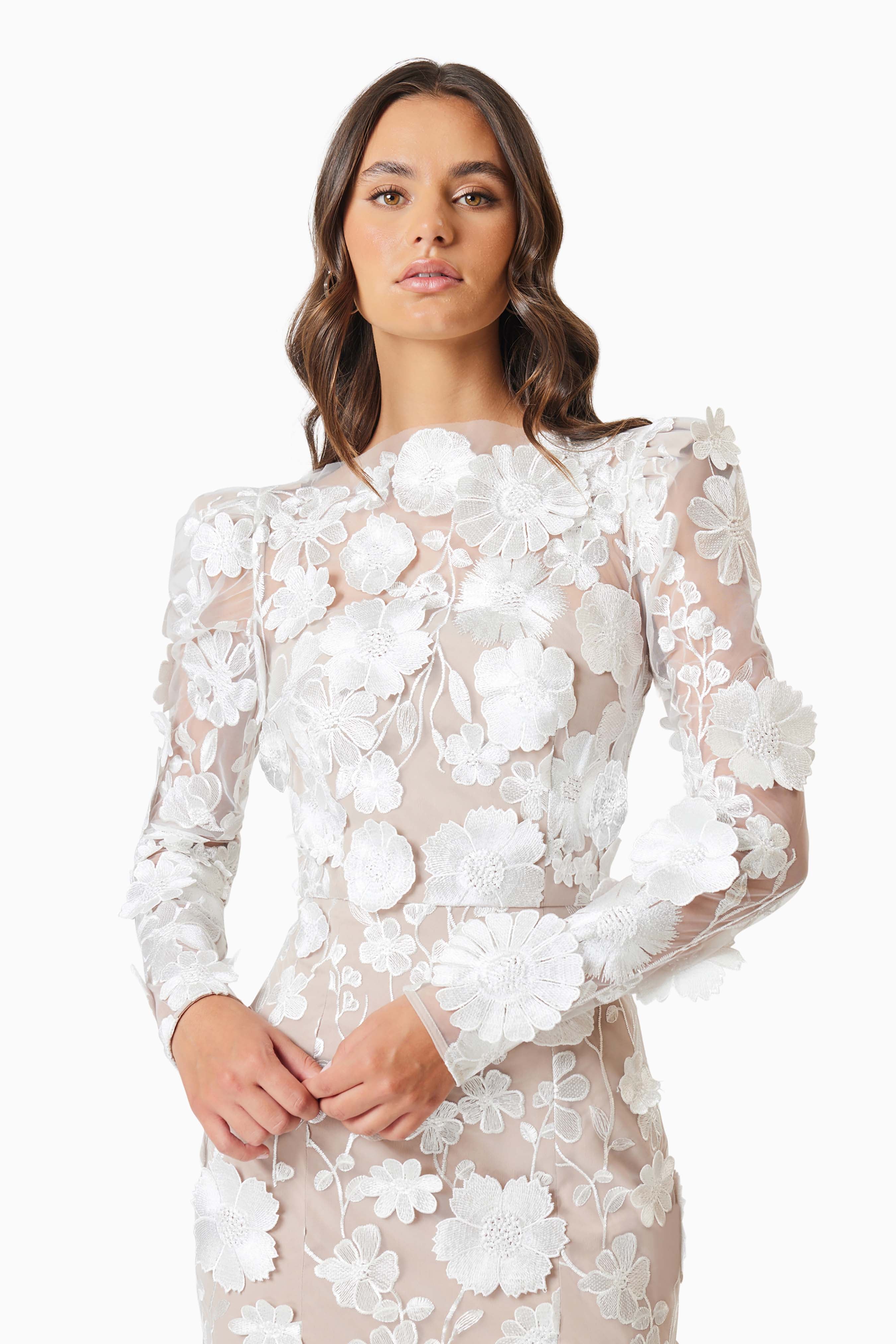 Shannon 3d Floral Midi Dress In White Elliatt