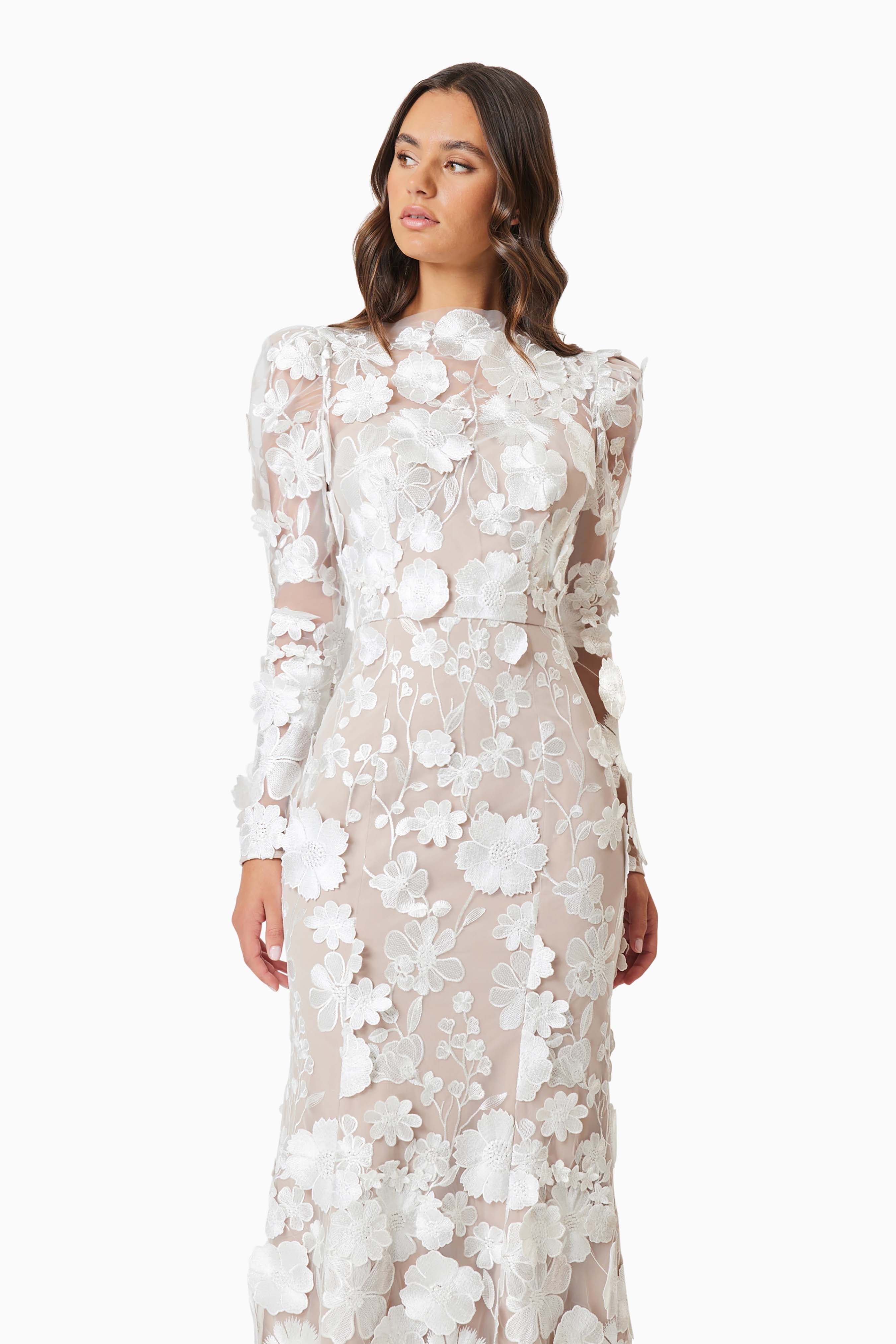 Shannon 3d Floral Midi Dress In White Elliatt