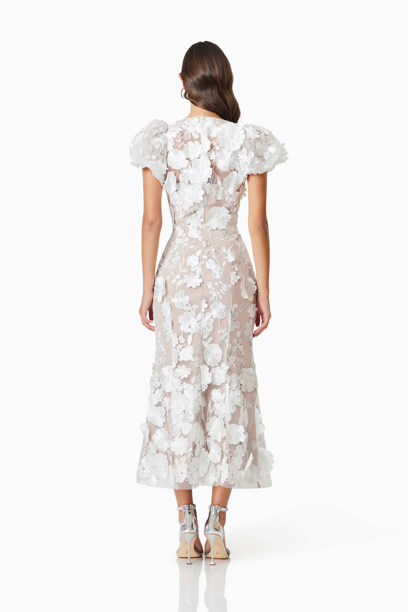 model wearing Astraea 3D Lace Maxi Dress In White back shot