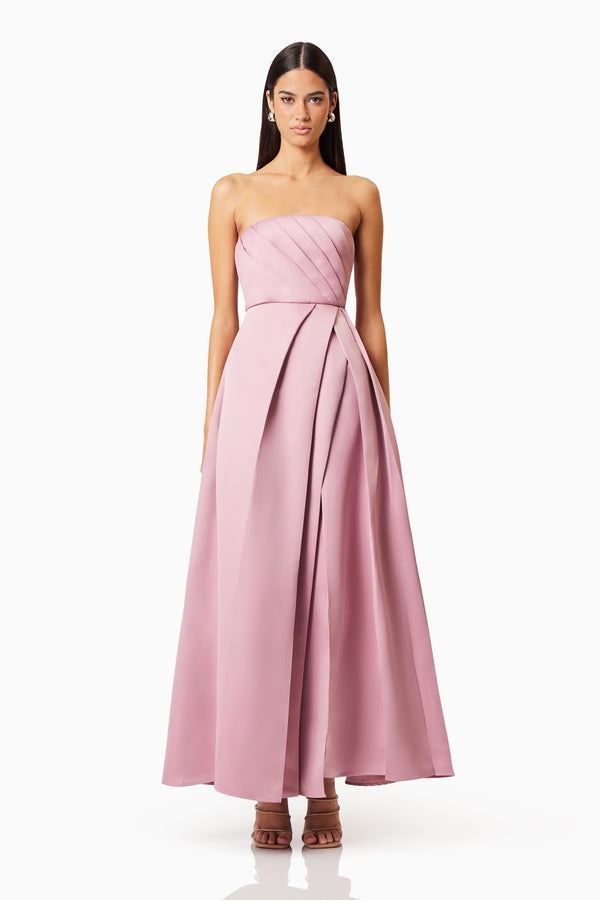 Brunette model wearing Rose Strapless Gown In Blush front shot