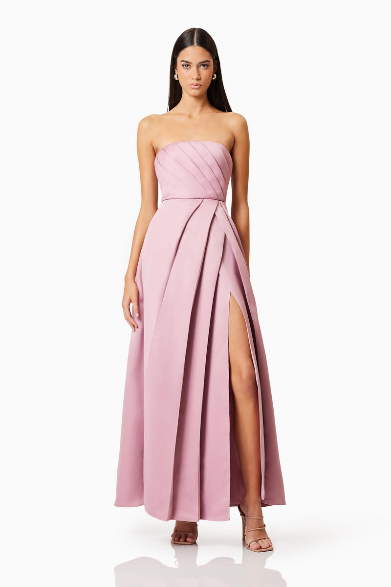 Brunette model wearing Rose Strapless Gown In Blush posed shot