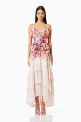 Brunette model wearing Perla Frilled Maxi Dress in Floral front shot 