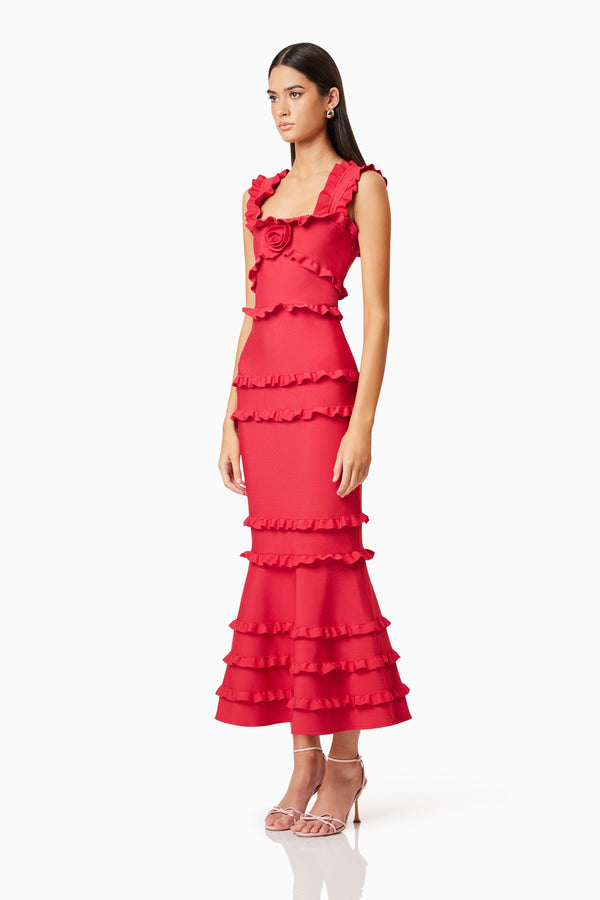 Brunette model wearing Kimberly Frill Maxi Dress in Red side shot