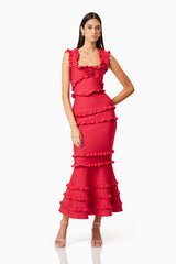 Brunette model wearing Kimberly Frill Maxi Dress in Red posed shot