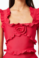 Brunette model wearing Kimberly Frill Maxi Dress in Red detail shot