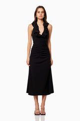 Zaina Plunge Midi Dress in Black