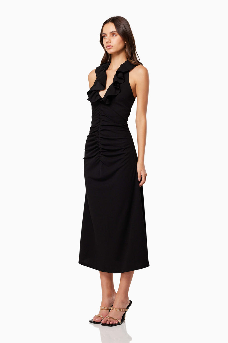 Zaina Plunge Midi Dress in Black